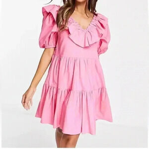 [L]Miss Selfridge Ruffled V  Neck A Shape Mid Sleeve Tiered Cotton Mini Dress